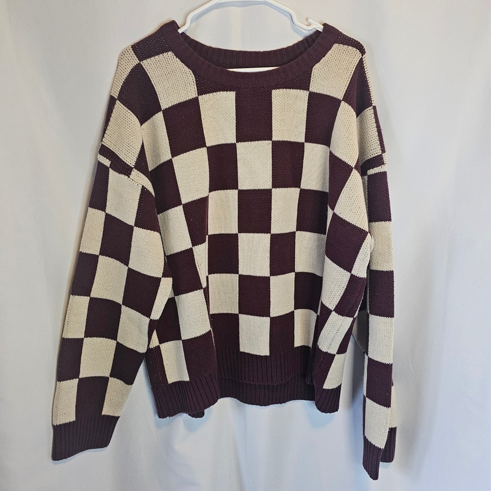 Checkered Knit Sweater - Cream and Brown